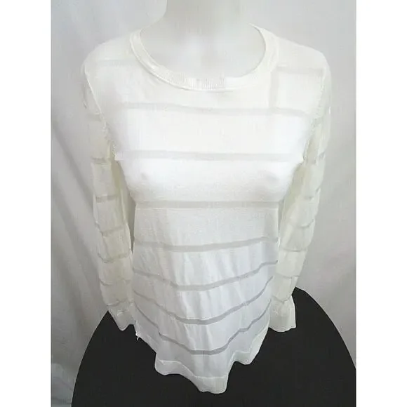 Vince Camuto Ivory Sheer Striped Long Sleeve Round Neck Light Sweater Petite S - Picture 1 of 8